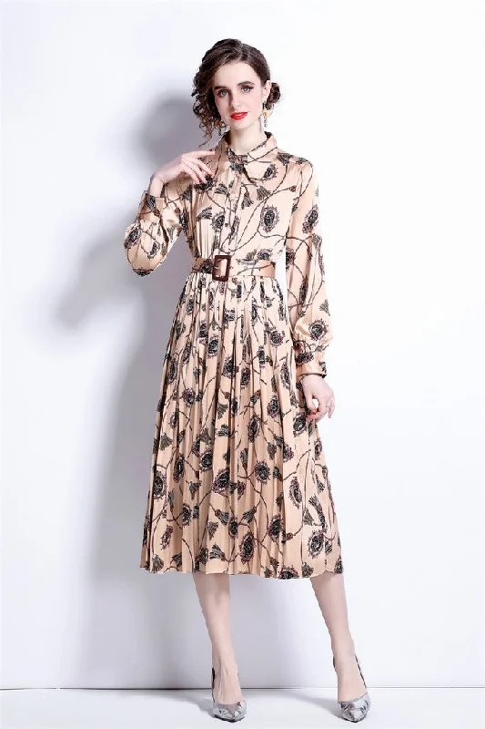 Nordic Minimalist Home Look Apricot & Print Day A-line Long Sleeve Below Knee Dress