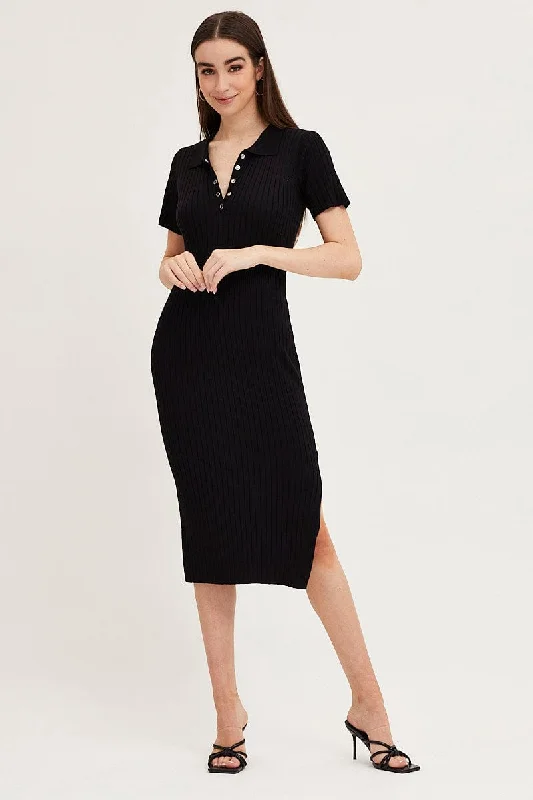 Fashion Forward Black Bodycon Dress Short Sleeve Mini Knit