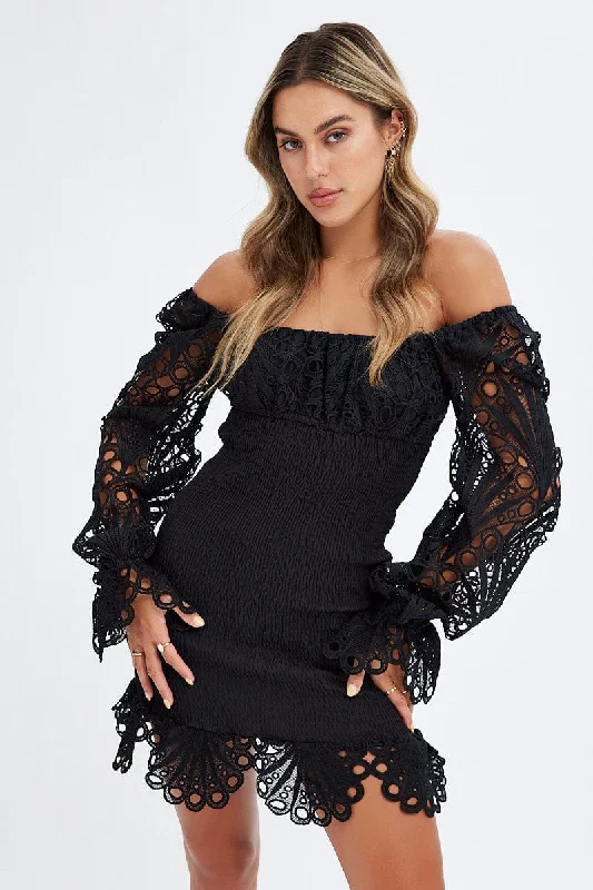 Boho - Chic Festival - Ready Style Black Embroidered Sleeves Shirred Bodycon Dress