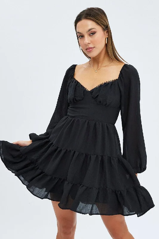 Casual Chic Black Fit and Flare Dress Long Sleeve Tiered