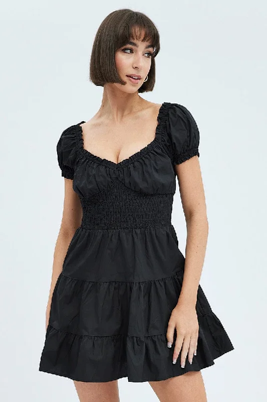 Fashion For Every Occasion Black Fit and Flare Dress Short Sleeve Shirred