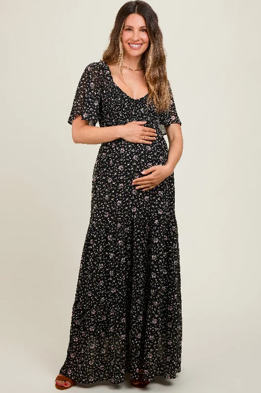 Season Sale Black Floral Chiffon Smocked Maternity Maxi Dress