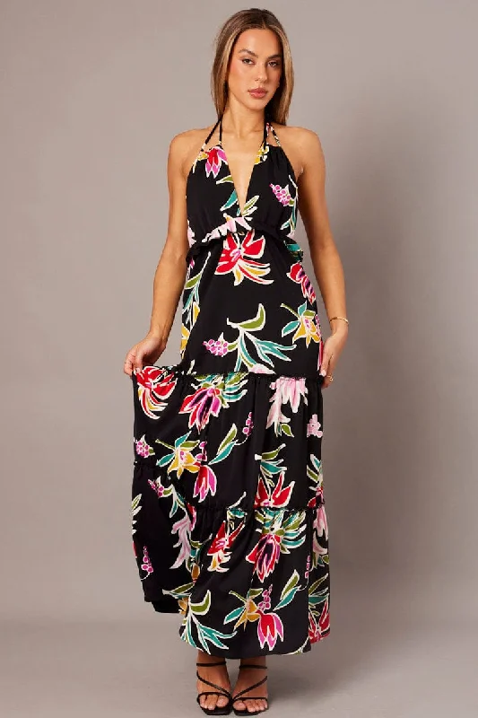 Subtle Sophistication Black Floral Halter Neck Ruffle Tiered Maxi Dress