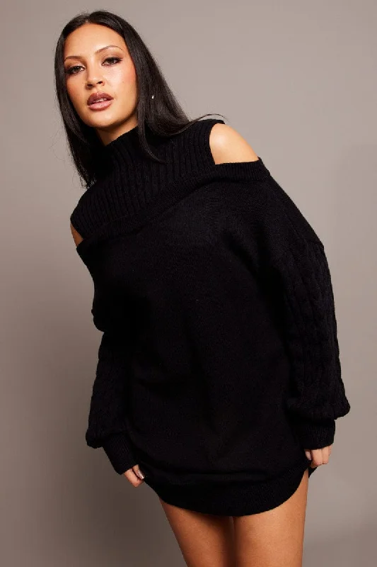 Mega Sales Black Knit Dress High Neck Jumper Mini