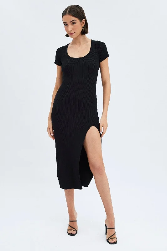 Fashionista Favorites Black Knit Dress Short Sleeve Bodycon Midi