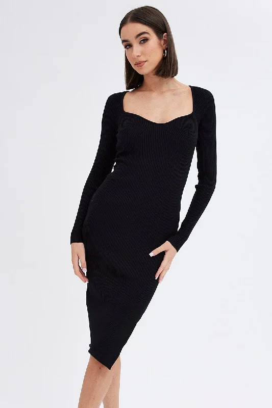 Fashion Forward Outfits Black Knit Dress Sweetheart Neck Long Sleeve Midi