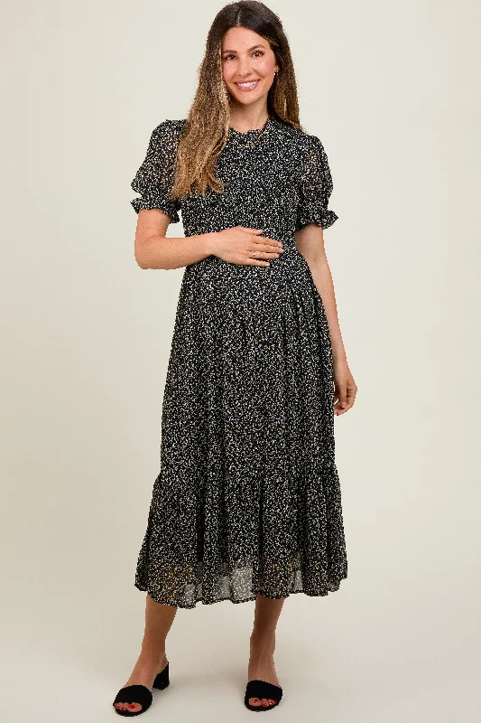 Trendy Clothing Sale Black Printed Smocked Maternity Midi Dress