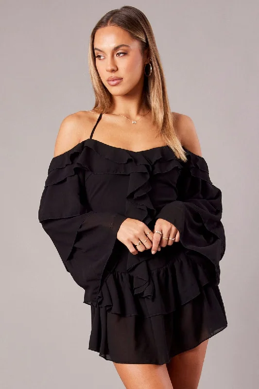 Chic Allure Black Ruffle Dress Bardot Layered Frill Sleeve Dress