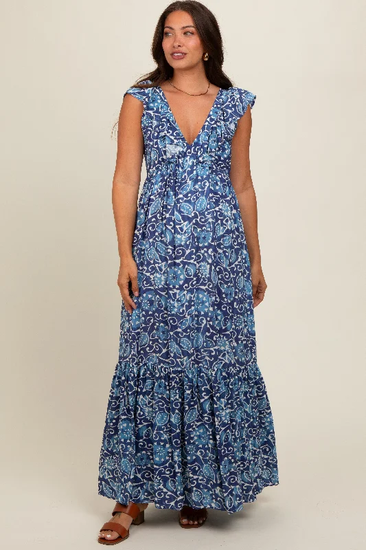 Feminine Elegance Blue Abstract Floral Ruffle Accent Maternity Maxi Dress