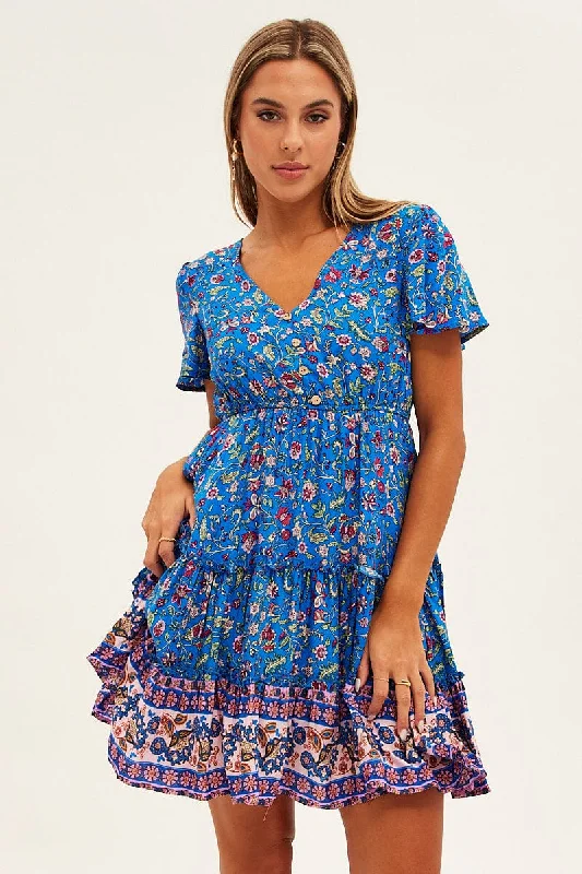 Vintage Inspired Fashion Sale Blue Boho Fit And Flare Dress Short Sleeve Mini V-Neck