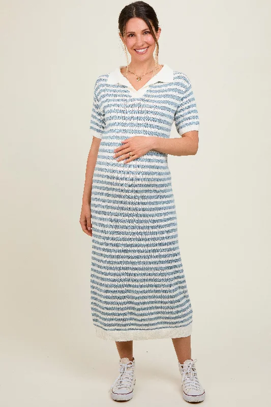 Modern Glamour Blue Collared Knit Maxi Maternity Dress