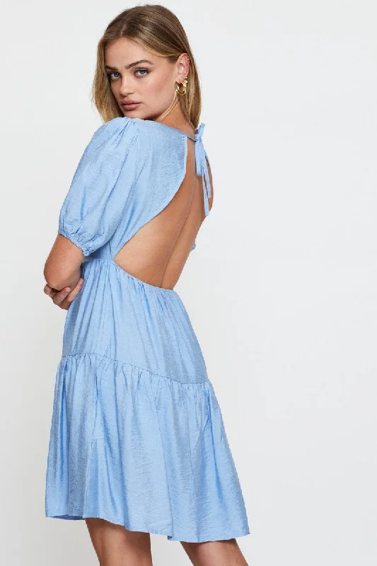 Bold Silhouette Blue Fit And Flare Dress Short Sleeve Open Back