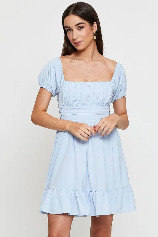 Stylish Looks Blue Fit And Flare Dress Short Sleeve Square Neck