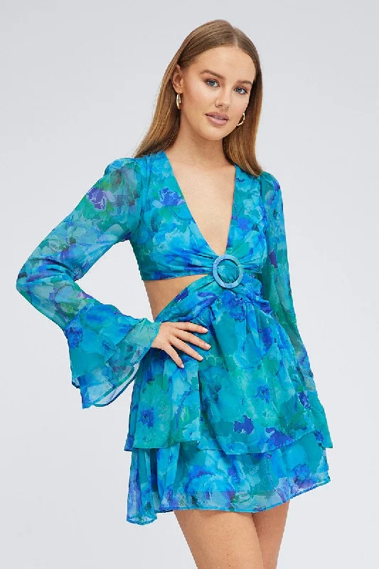 Low Price Special Blue Floral Dress Balloon Sleeve Lace Up Back Ring Chiffon