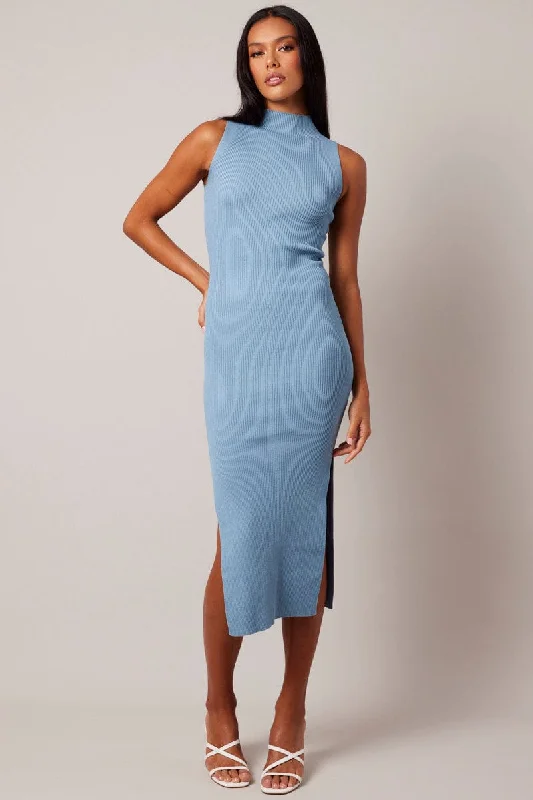 Trendy Styles Blue Knit Dress High Neck Midi