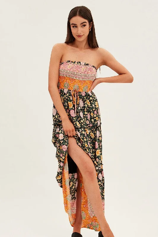 Vintage Charm Boho Print Maxi Dress Bandeau Sun Dress