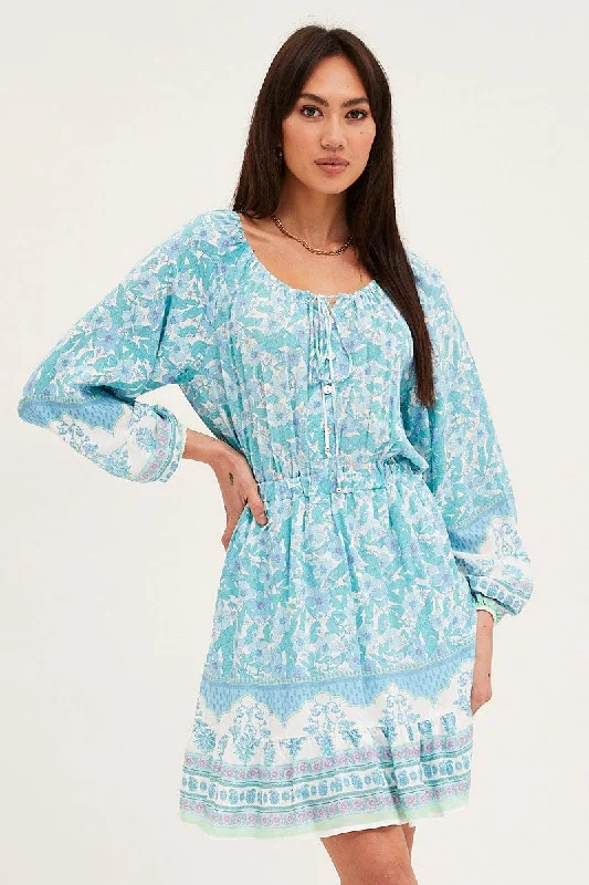 Fashion Sale Boho Print Tie Waist Dress Long Sleeve Mini