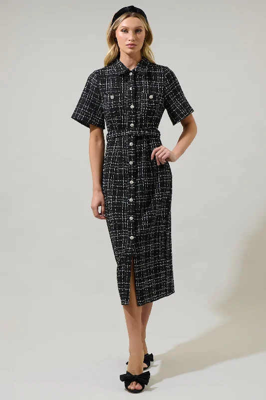 Feminine Soft - Hued Styles Brook Tweed Button Down Midi Dress