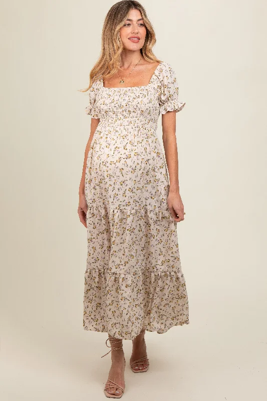 Summer Fashion Cream Floral Smocked Square Neck Tiered Puff Short Sleeve Maternity Maxi Dress