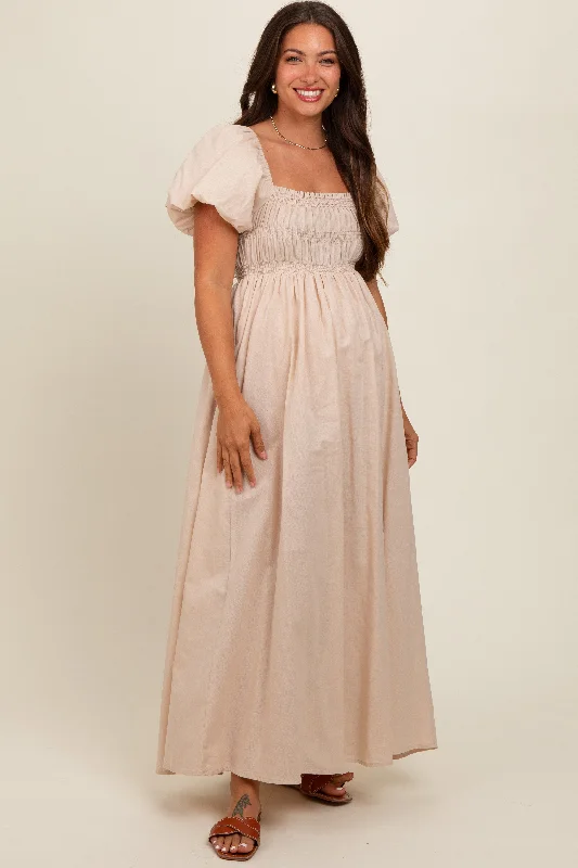 First Order Discount Cream Puff Sleeve Smocked Maternity Maxi Dress