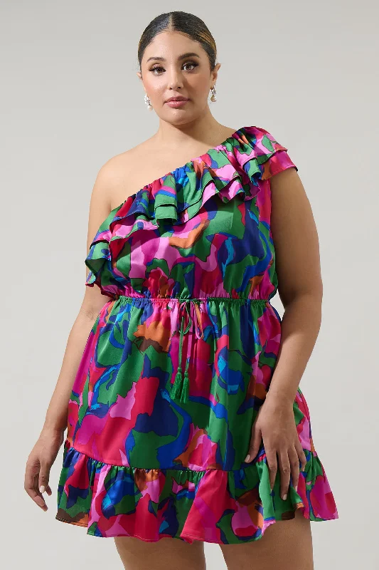 Vibrant Prints Evolet Floral Paradise Satin One Shoulder Mini Dress Curve