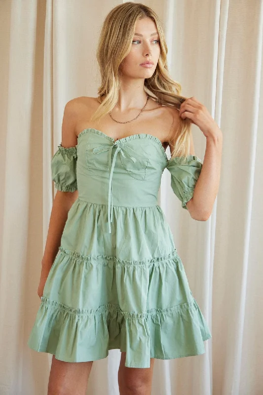 Exclusive Sale Green Fit And Flare Dress Off Shoulder Short Sleeve