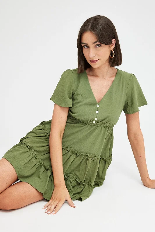 Evening Looks Green Fit And Flare Dress Short Sleeve Mini