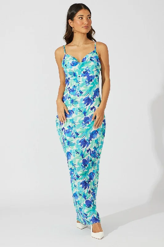 Feminine Flow Green Floral Maxi Dress Slip Cami Watercolour Print