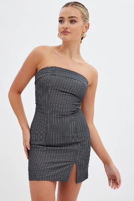 Chic Style Grey Stripe Bodycon Dress Strapless Boob Tube Mini