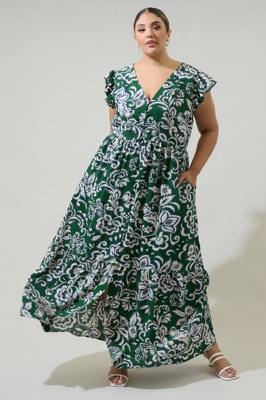 Limited Time Harriet Floral Evianna Button Down Flutter Maxi Dress Curve