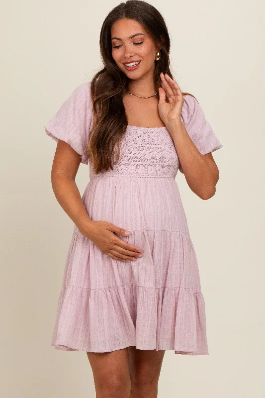 Seasonal Sale Light Pink Crochet Tiered Maternity Dress