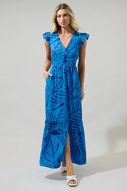 Designer Wear On Sale Maia Tropics Evianna Button Down Flutter Maxi Dress