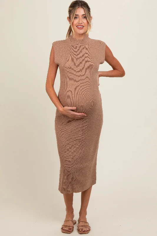 Effortless Comfort Mocha Knit Mock Neck Maternity Midi Dress