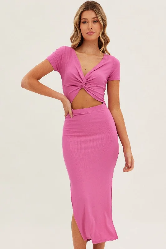 Style Without Limits Pink Bodycon Dress Rib Twist Front Cut Out Short Sleeve