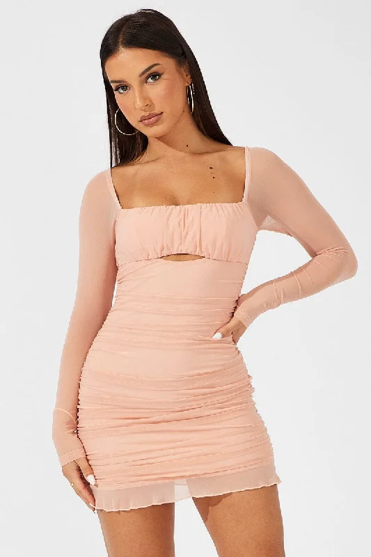 New Arrivals Pink Bodycon Dress Ruched Mesh