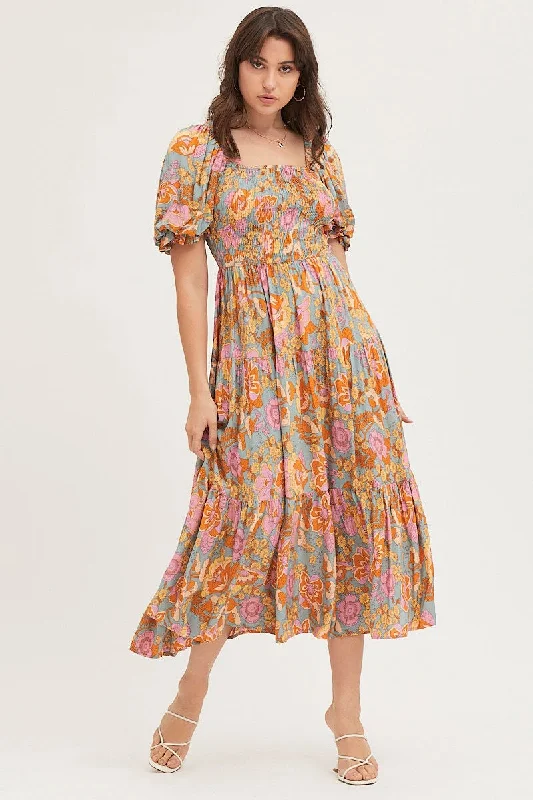 Chic Styles Print Maxi Dress Short Sleeve