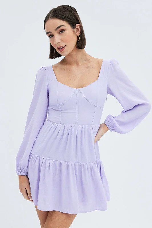 Trendy Street Style Purple Fit And Flare Dress Long Sleeve Mini