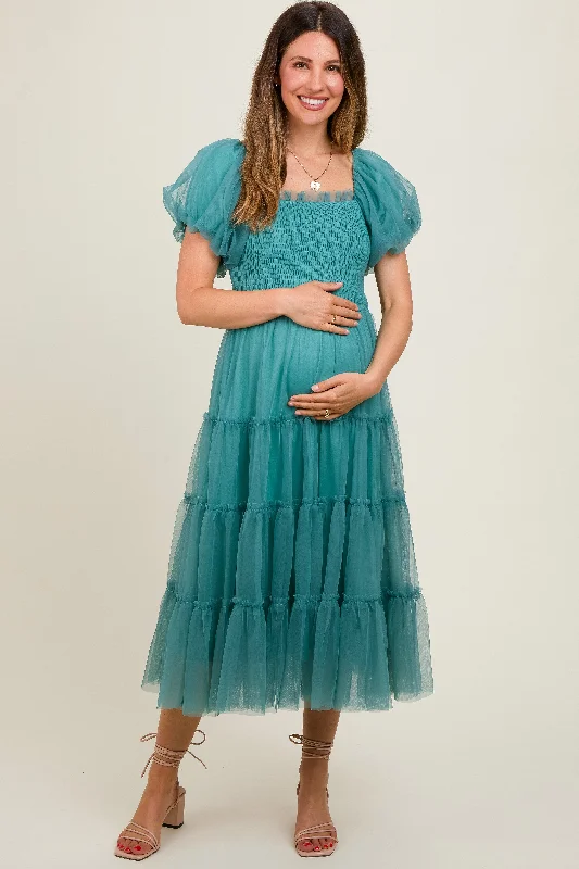 Shop Our Looks Teal Smocked Tiered Tulle Maternity Midi Dress