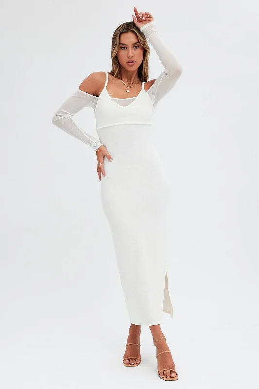 Casual Weekend Relaxed Style White Maxi Dress Long Sleeve Cold Shoulder Mesh Textured