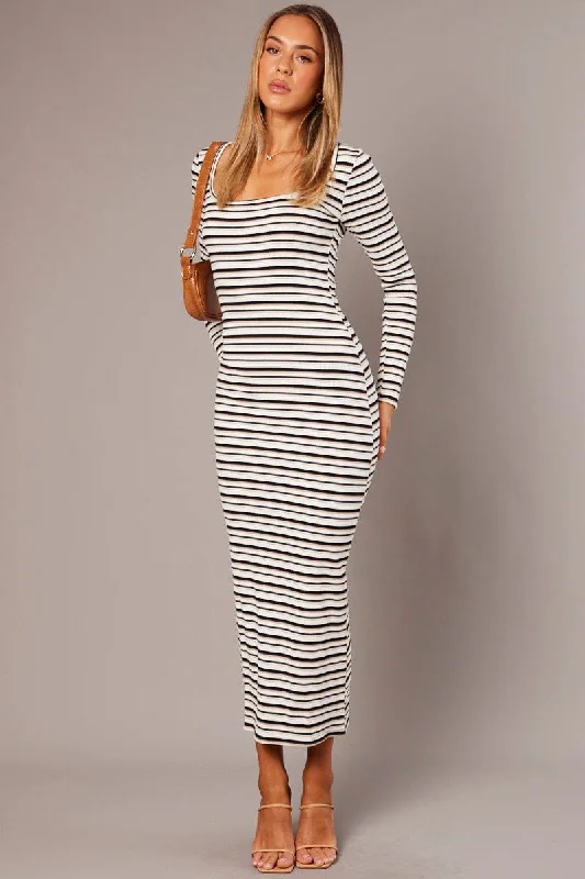 Special Occasion Wear White Stripe Bodycon Dress Long Sleeve