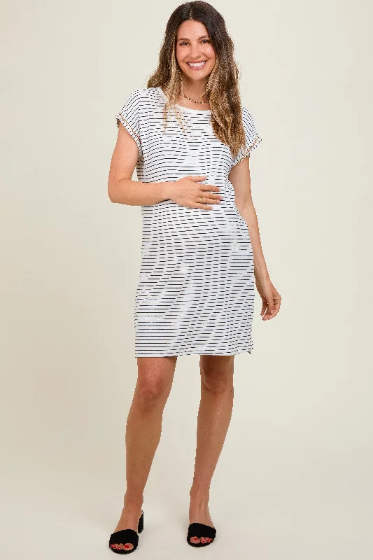 Odd Size Clearance Sale White Striped Maternity Side Slit Maternity T-Shirt Dress