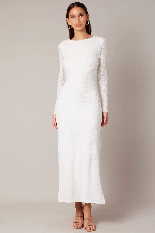 Latest Fashion White Textured Dress Long Sleeve