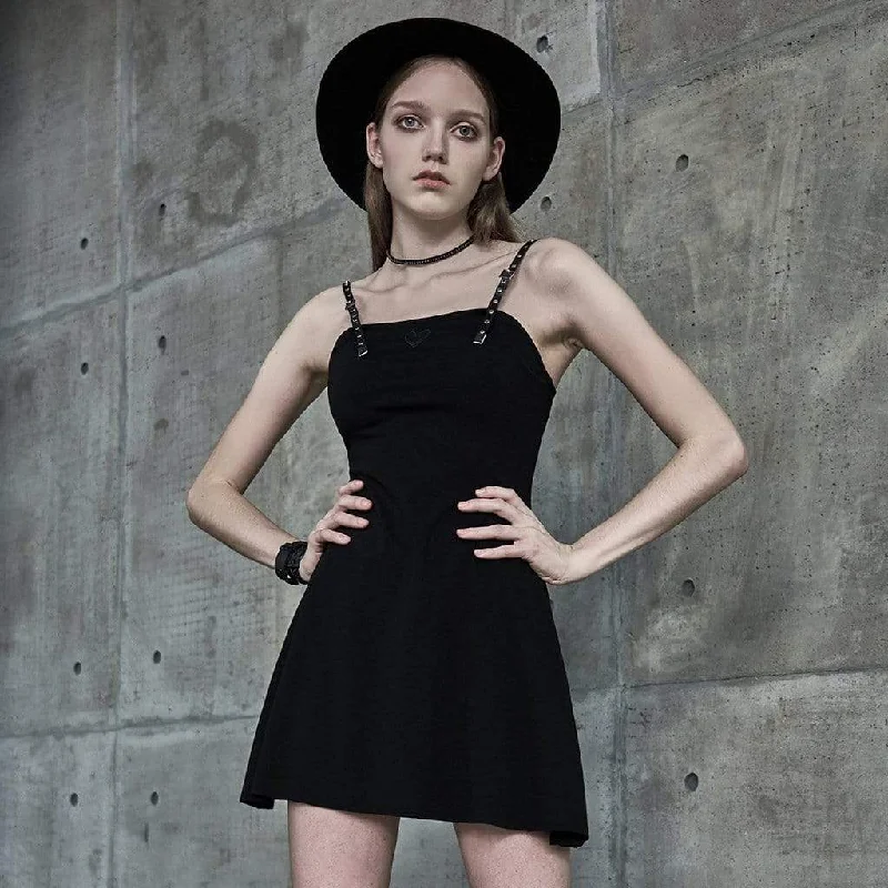 Minimalist Chic Women's Adjustable Strapes Heart Pattern Black Little Dresses