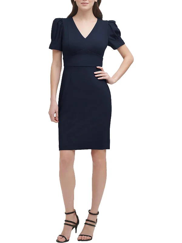 Feminine Elegant Womens Crepe Puff Sleeves Sheath Dress