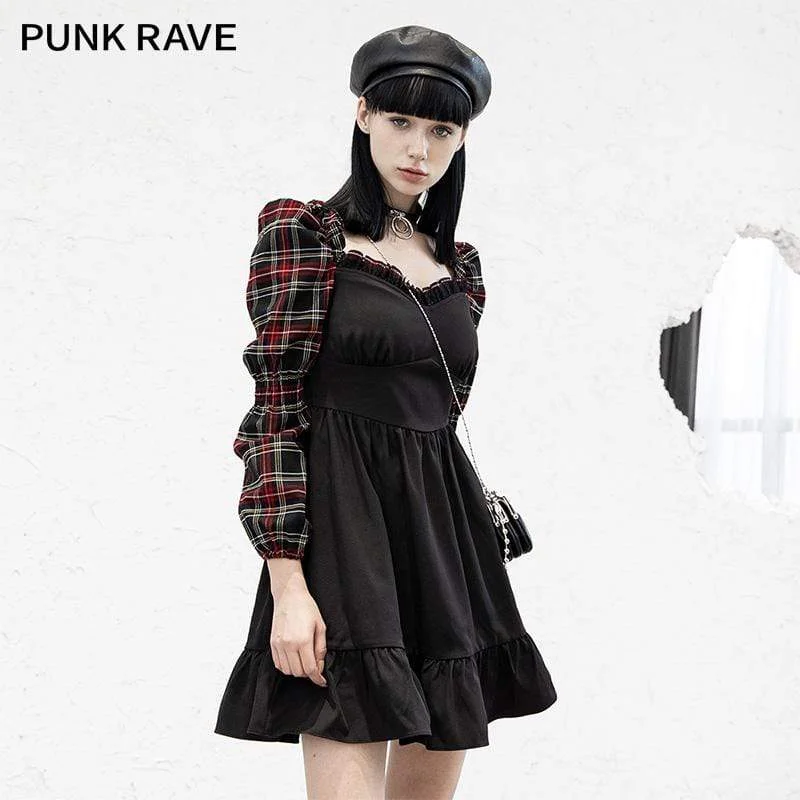 Minimalist Office - Ready Style Women's Grunge Plaid Sleeve Splicing  Falbala Hem Dresses