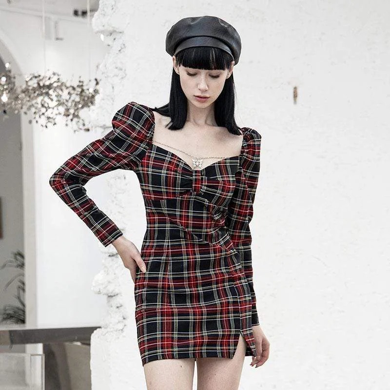 Dreamy Draping Women's Grunge Square Collar Contrast Color Plaid Dresses