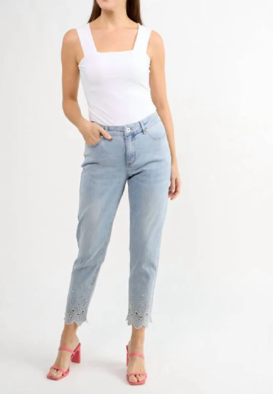 Everyday Basics Button Front Jeans With Floral Cutouts And Bling In Light Blue