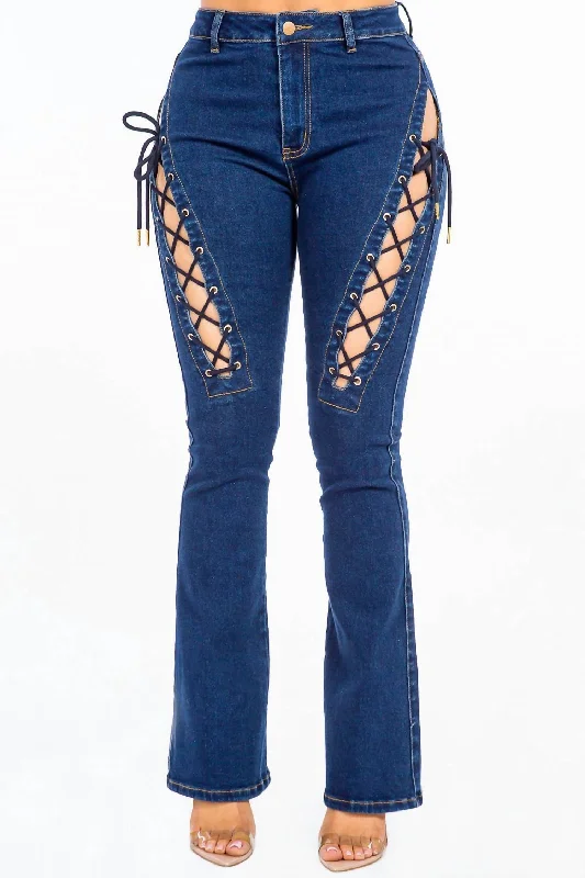 Fashion Forward Femme Chic Lace Up High Rise Denim In Dark Blue