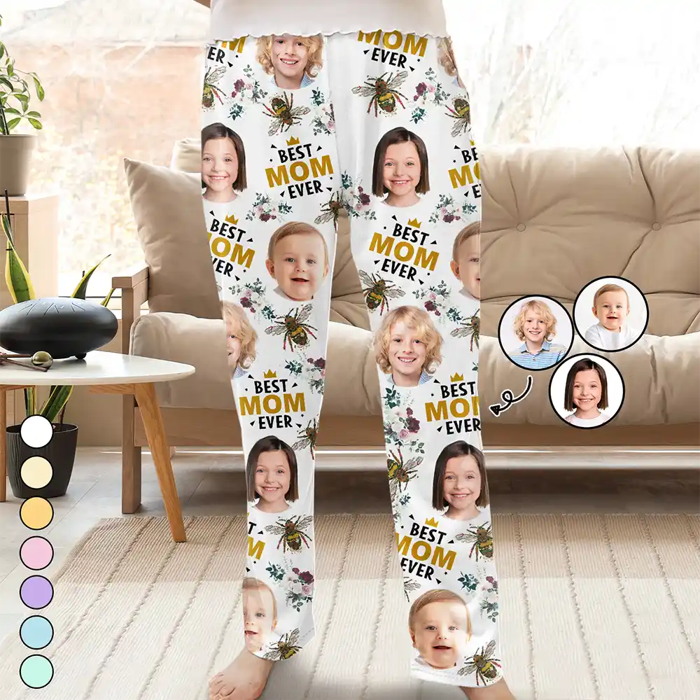 Runway Inspired Wear Custom Photo Bee Flowral Best Grandma Ever - Personalized Pajama Pants