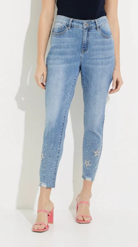 Fashion Frontiers Star Bling Lower Leg Jeans In Medium Blue